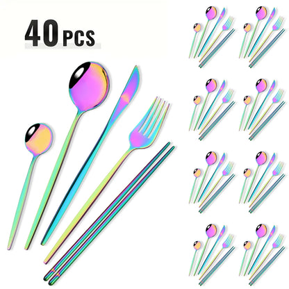 40pcs Black Gold Dinnerware Set Mirror Western Stainless Steel Cutlery Set Fork Knife Spoon Chopsticks Tableware Party Flatware