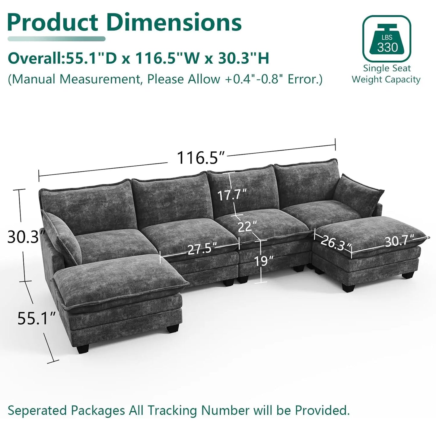 Cloud Couch Modular Sectional U Shaped Sofa with Movable Ottoman Comfy Chenille Living Room Furniture Customized