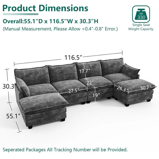 Cloud Couch Modular Sectional U Shaped Sofa with Movable Ottoman Comfy Chenille Living Room Furniture Customized