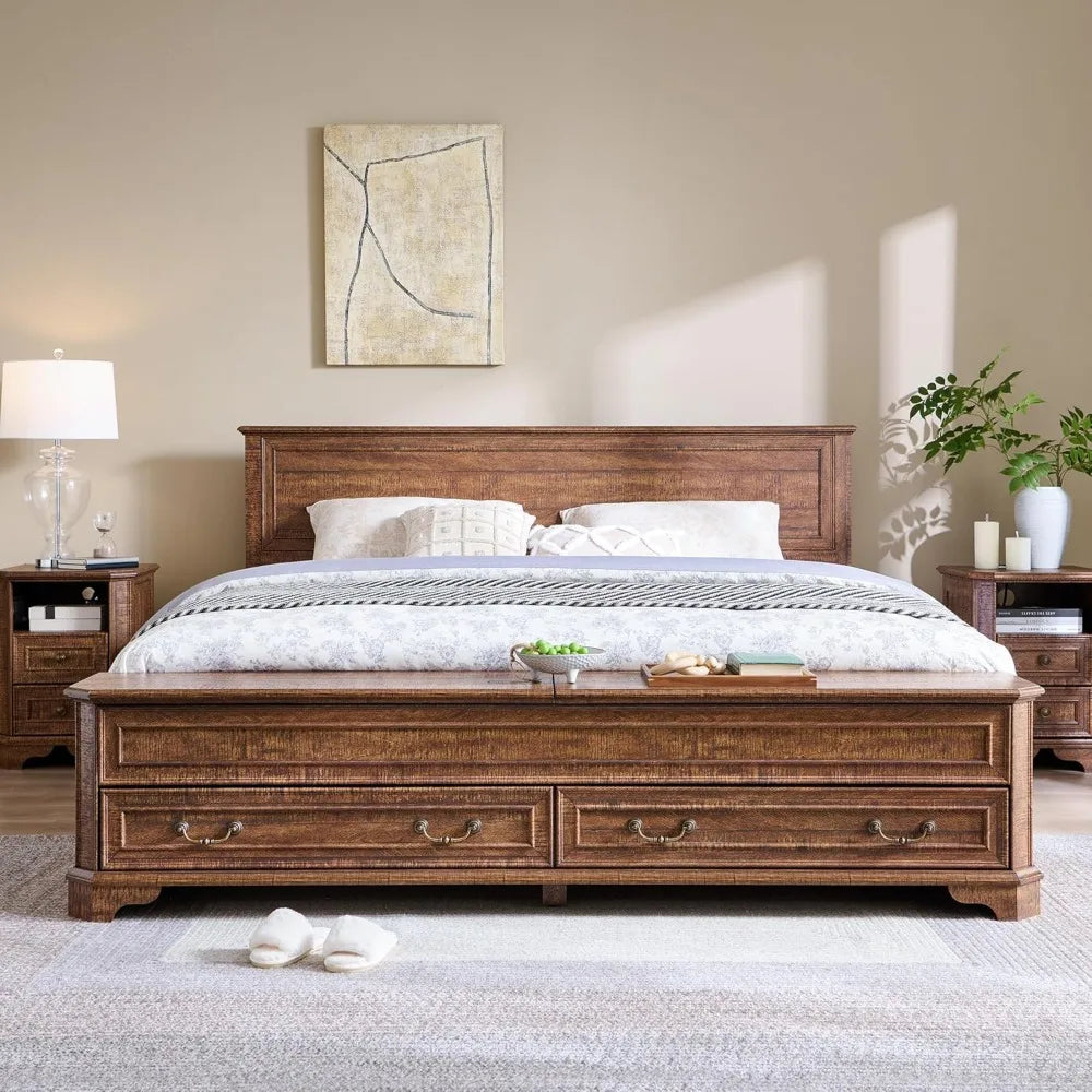 Farmhouse King Bed with Headboard, Storage Bench & 4 Drawers, Rustic Wood Platform Bed in Dark Brown