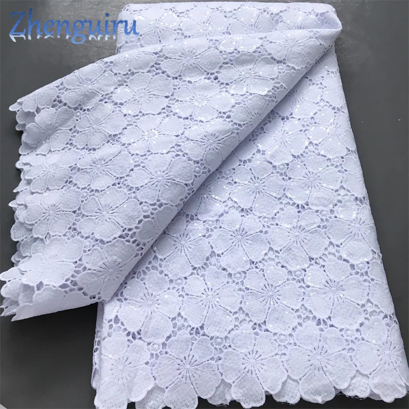Pure White Nigerian Guipure Lace Fabric 2025 High Quality Water Soluble African Sequin Cord Lace Fabric for Party Dress Sew 4025