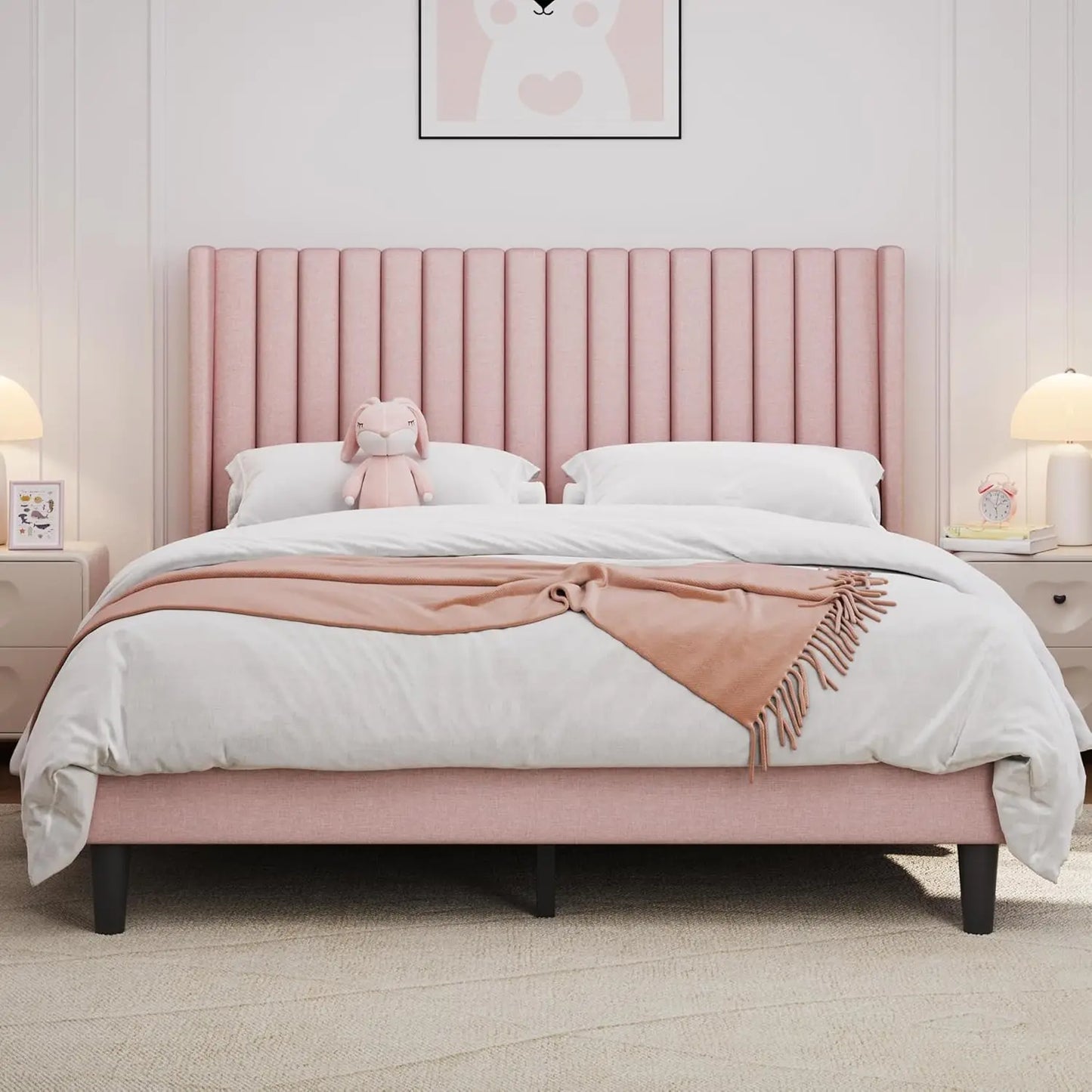 Queen Bed Frame Upholstered Platform Bed with Fabric Headboard, Wing Edge Design/Non-Slip and Noise-Free/Wooden, Customized