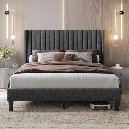 Queen Bed Frame Upholstered Platform Bed with Fabric Headboard, Wing Edge Design/Non-Slip and Noise-Free/Wooden, Customized