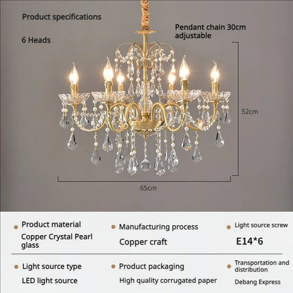 Vintage French Living Room Dining Room Full Copper Crystal Chandelier Light Luxury Romantic Bedroom Children'S Princess Room