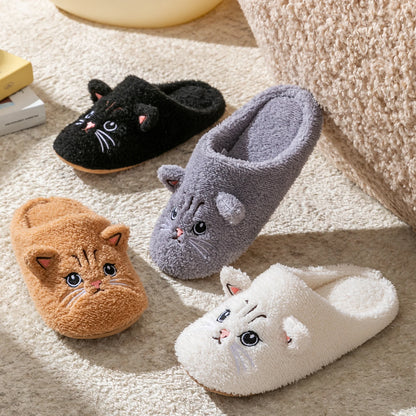 Cute Cat Design Plush Ladies Slippers Autumn And Winter Indoor Floor Non-Slip Soft Bottom Comfortable Warm Home Shoes for Unisex