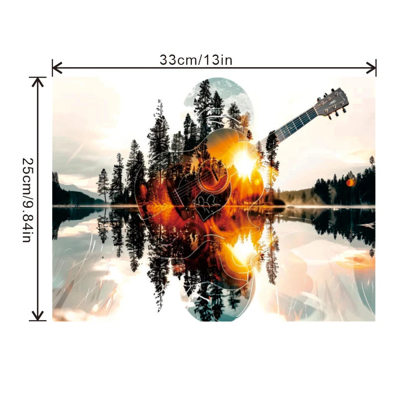 Adult Advanced Wooden Puzzle Game - Lake Reflection and Guitar and Forest Scenes, Thick and Durable Wood, Vibrant Sunset Color, Seamless Edge - Birthday, Halloween, Thanksgiving, Easter Natural and Music Theme DIY Puzzle - Ho
