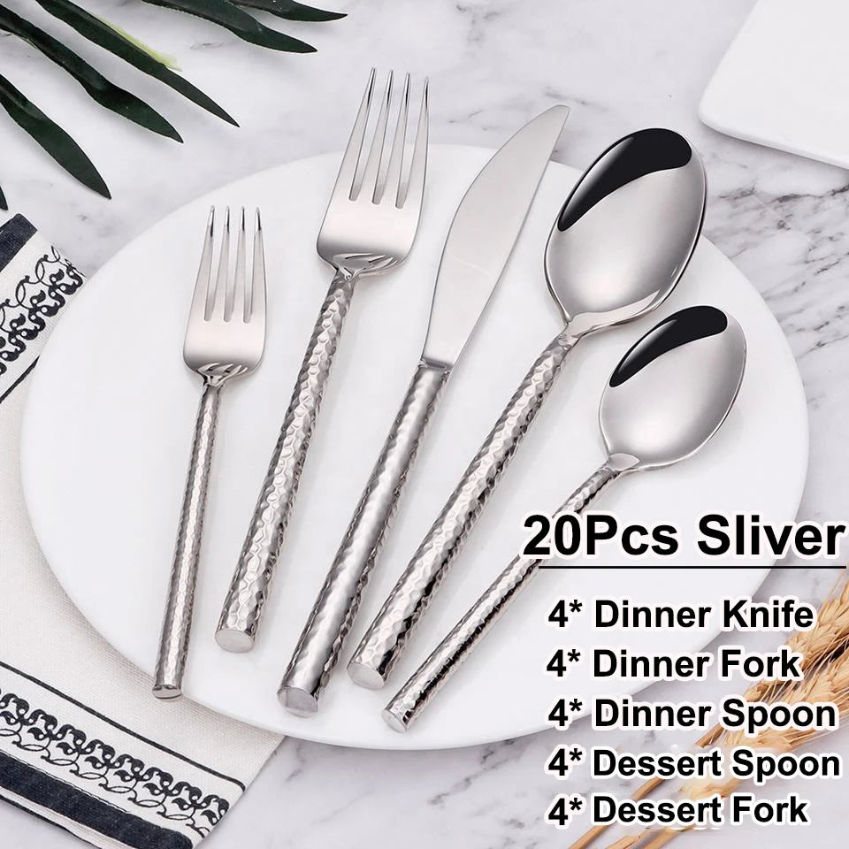5/10/15/20Pcs Gold Heavy Cutlery Sliver Dinner Set Stainless Steel Tableware Mirror Western Hammer Pattern Handle Knife Fork