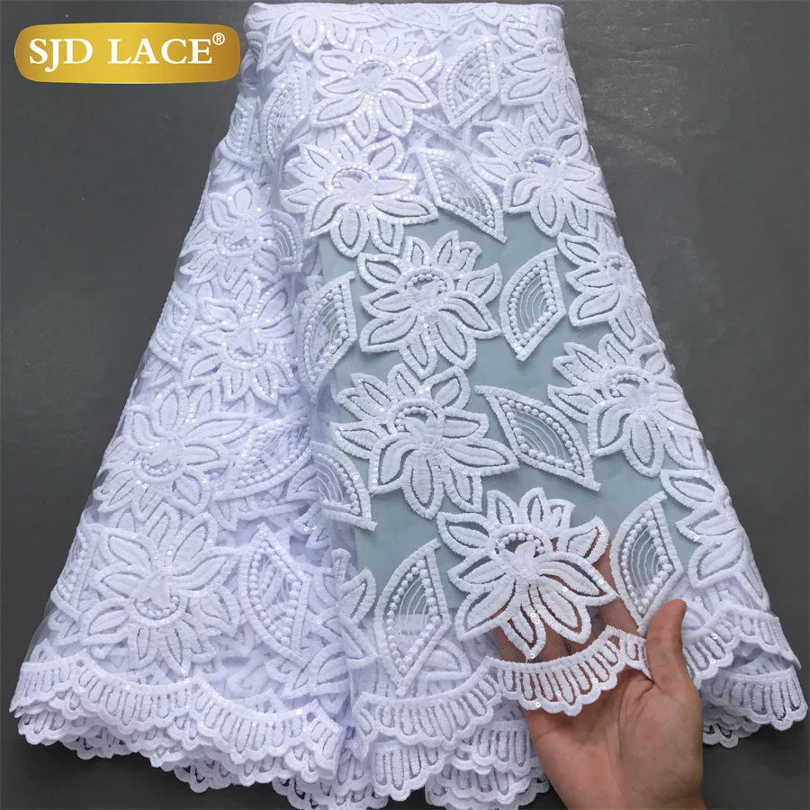 SJD LACE African Milk Silk Lace Fabric 2025 High Quality Nigerian White Mesh Embroidery Lace for Sewing Women Wedding Dress 4043