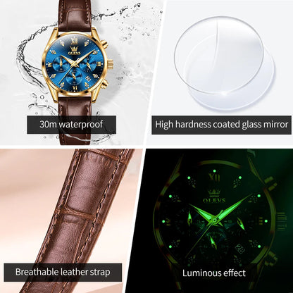 OLEVS Women's Watches Luxury Waterproof Luminous Quartz Watch Multifunctional Leather Strap Original Certified Brand Wristwatch
