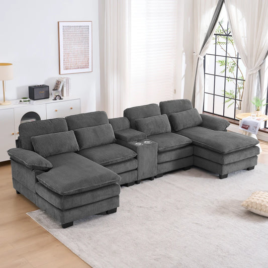 124" Modular U-Shaped Sectional Sofa, 4-Seater Cloud Couch Corduroy Living Room Set w/ Storage Console, Cup Holders, Pillows