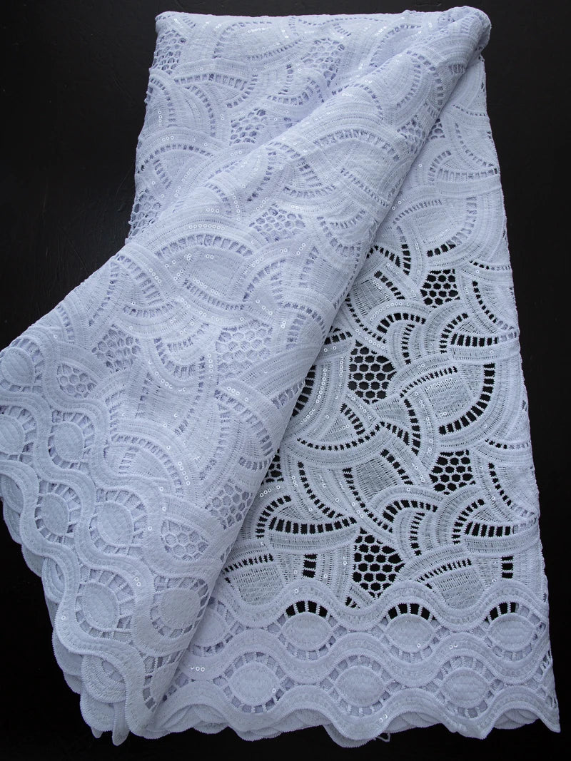 Pure White Nigerian Guipure Lace Fabric 2025 High Quality Water Soluble African Sequin Cord Lace Fabric for Party Dress Sew 4025