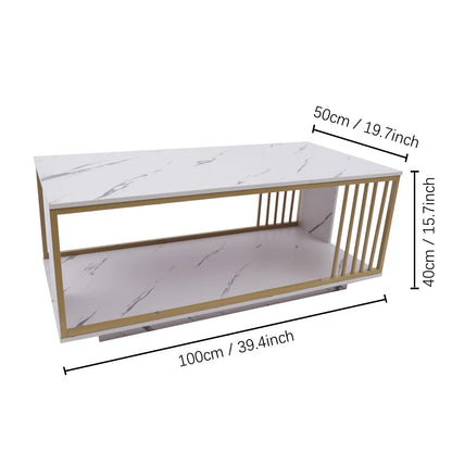 High Gloss Marble Veneer Coffee Table - Modern White & Gold, Rectangle for Living Room