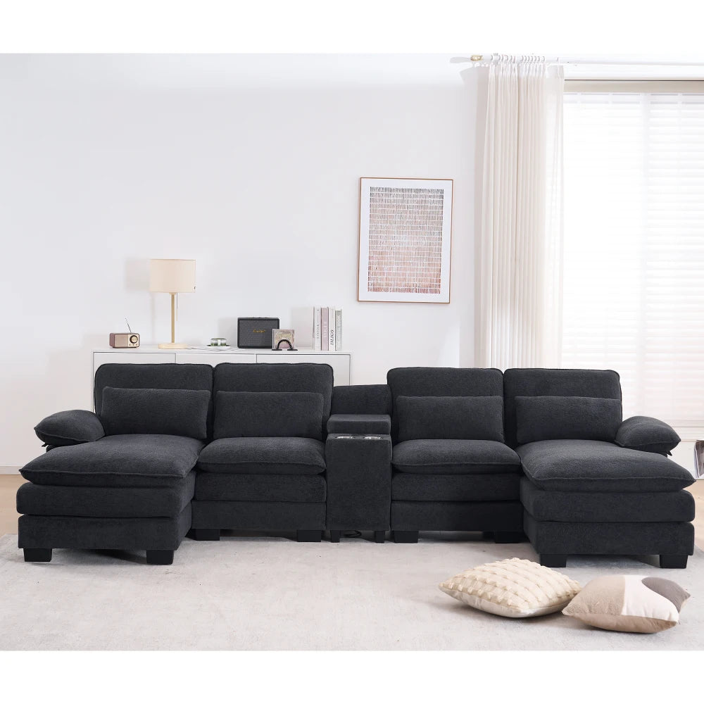 124" Luxury Modern Modular U-Shaped Sectional Sofa, 4-Seater Chenille Cloud Couch w/ Storage Console, Cup Holders & Pillows