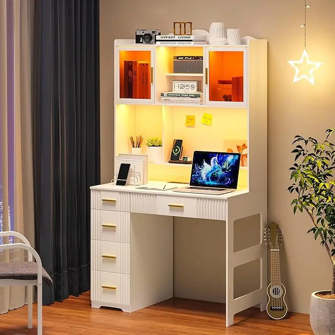 LED Study Desk with Hutch, Drawers, Outlet & Charging Station for Home Office, Bedroom or Small Space (Black)