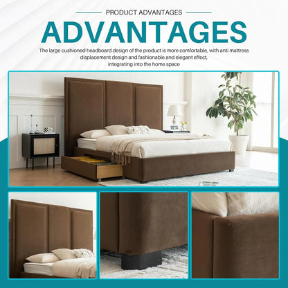 King Size Bed Frame with 64-inch High Headboard, Simple and Airy Linen Upholstered Platform Bed with Storage, Customized