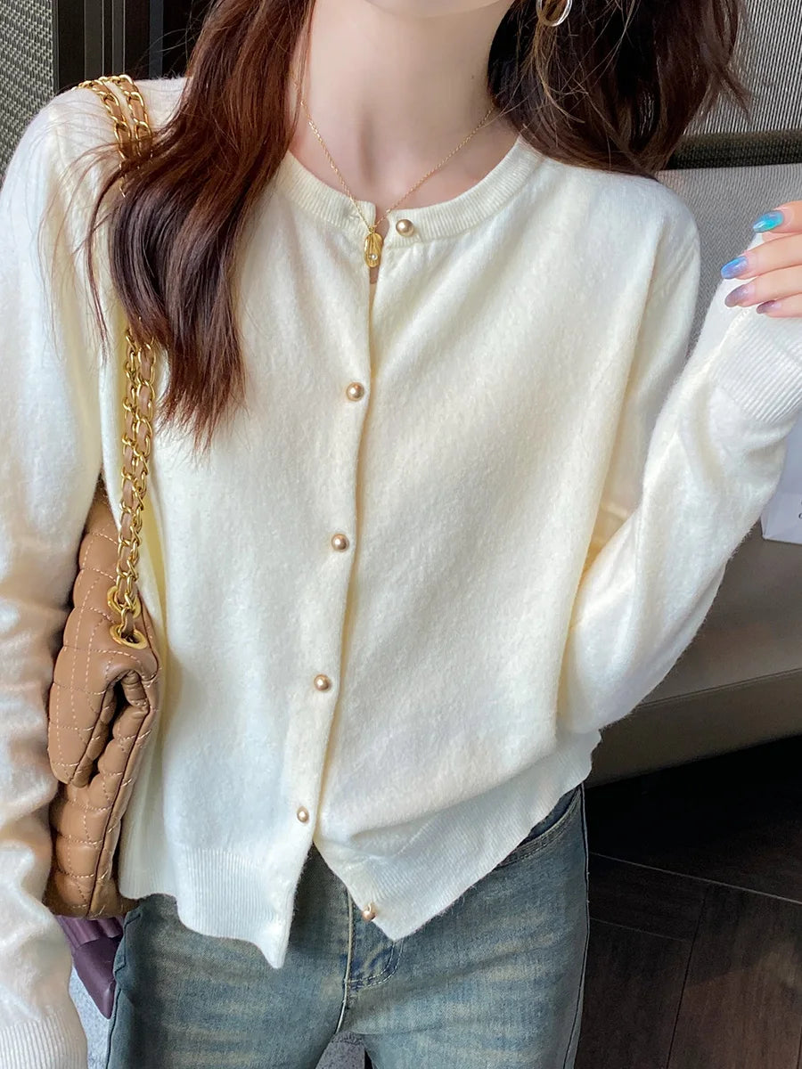 Solid Color Knitted for Women Cardigan Korean Single Breasted Long Sleeve Jumper Woman Round Neck All Match Cardigans Outwear