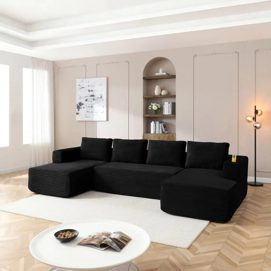 132" Modular Sectional Sleeper Sofa, Boneless Cloud Couch for Living Room, U Shaped 5 Seat Sofa with 2 Cup Holders,, Customized