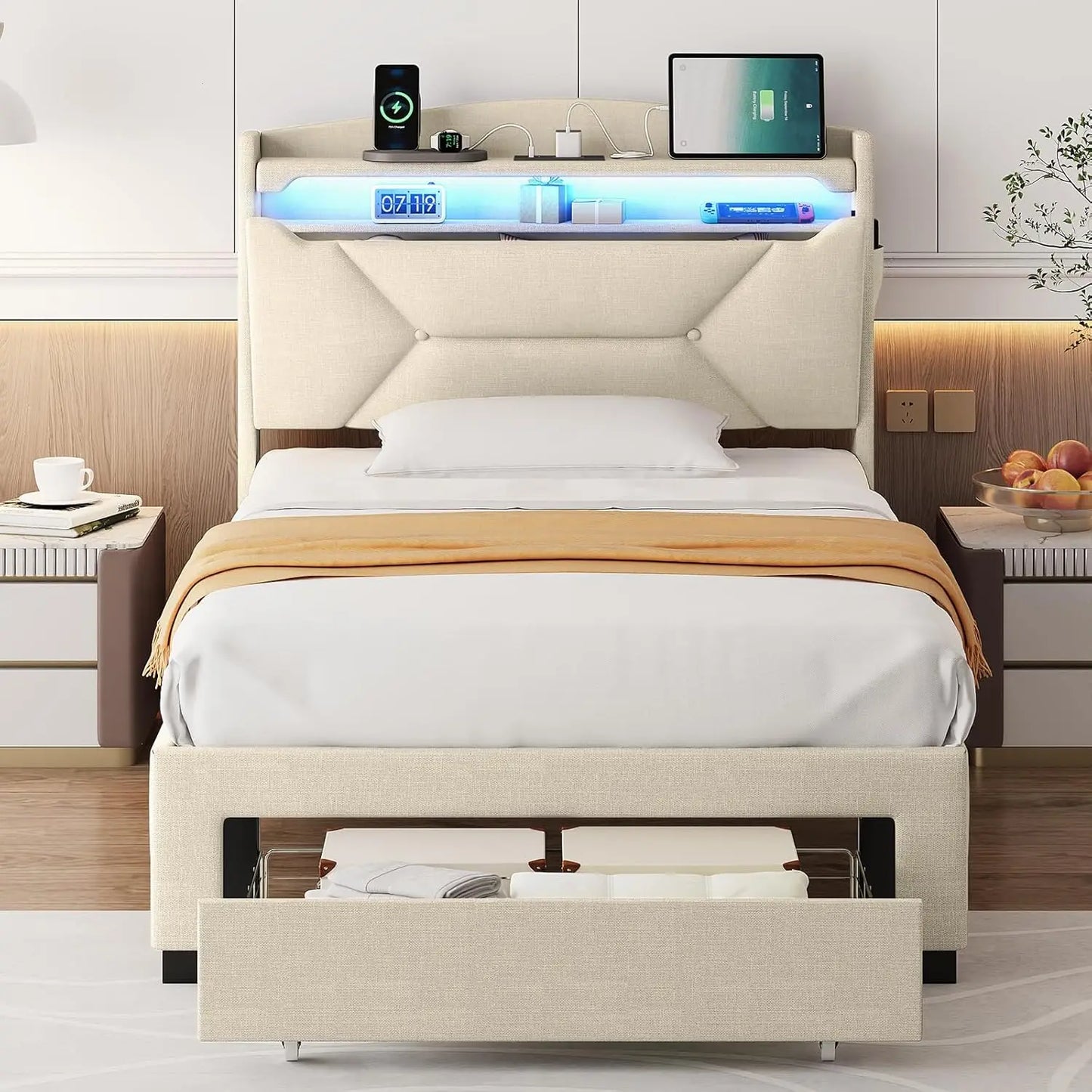 Frames with Storage Headboard, Upholstered Twin Size Bed Frame with Drawers, Charging Station and LED