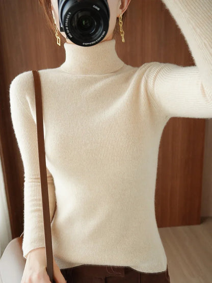 2025 Autumn Winter Women Sweater Women Thick Warm Soft Female Slim Pullovers Ladies Solid Versatile Knitted Turtleneck Sweater