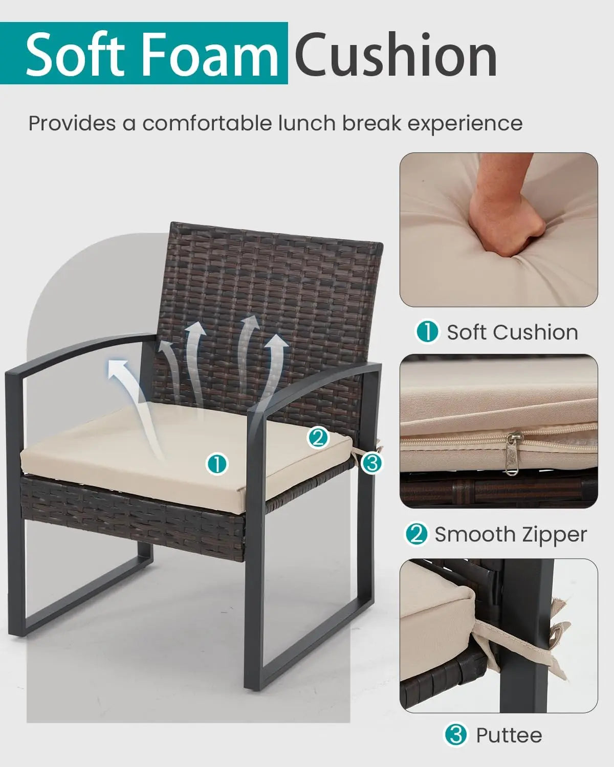 3 Pieces Patio Furniture Set, Outdoor Rattan Bistro Set with Coffee Table, Durable Steel Frame with Strapped Cushions