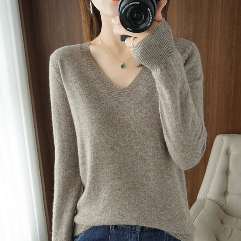 Autumn And Winter Cashmere Sweater New Women's V-neck Pullover Lace Neck Hollow Out Design Casual Knitted Long Sleeve Women's
