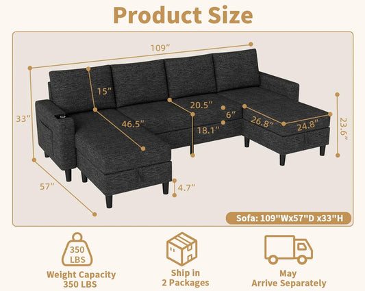 Smart Sectional Couches For Living Room, 6 Seat U/L Shaped Sectional Sofa With RGB Light/Charging, Modern Living, Customized