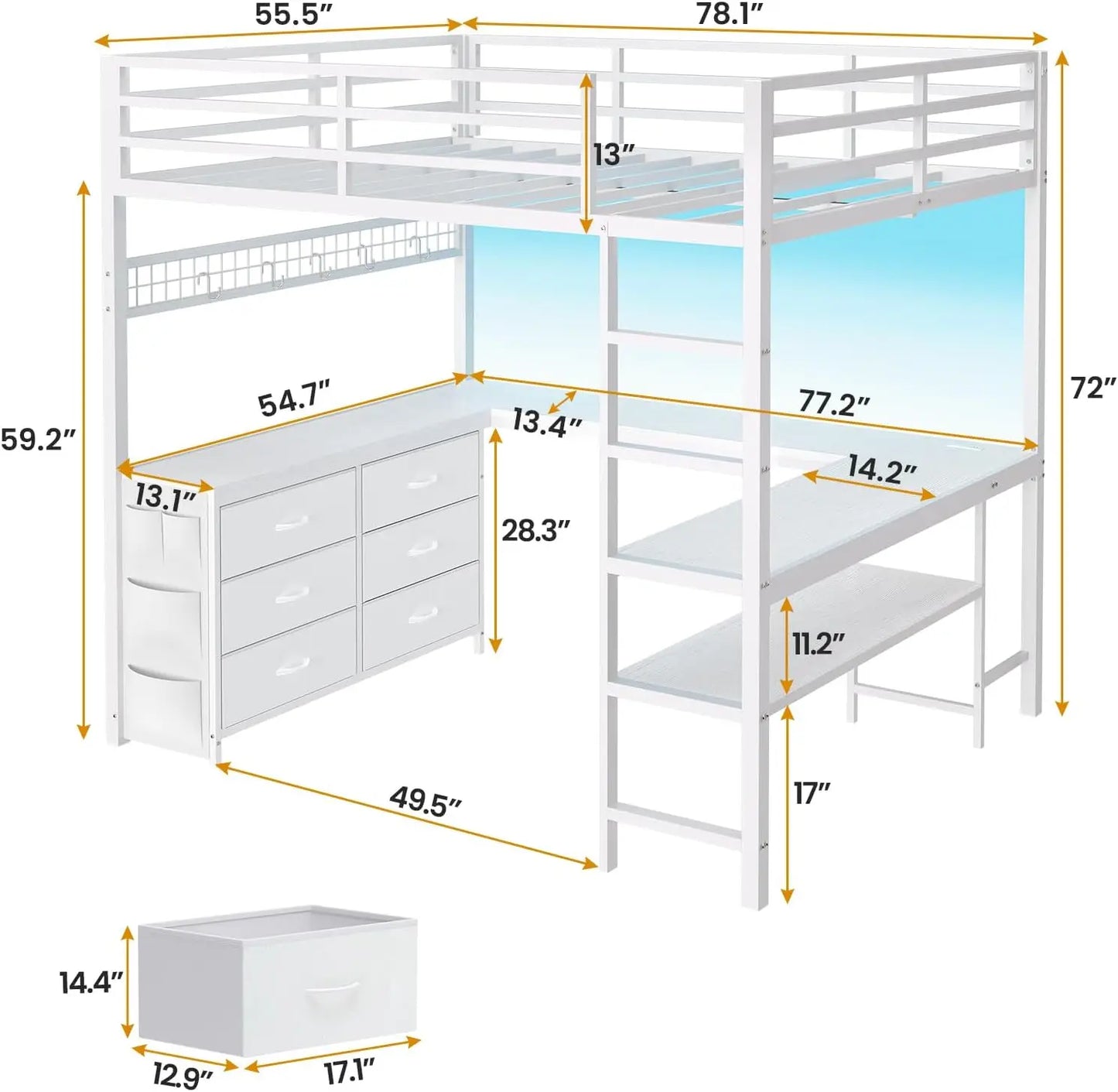 Loft Bed Full Size with U-Shaped Desk, 6 Storage Drawers, Power Outlet, LED Metal Loft Bed with 2 Storage Shelves,White