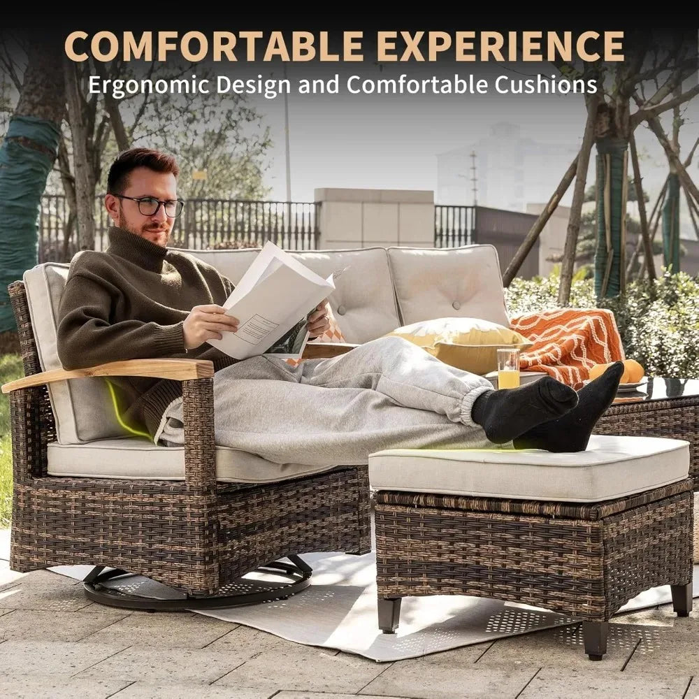 9 Pieces Outdoor Patio Furniture Sets,PE Wicker Patio Conversation Sets with 4 Wood Armrests Swivel Rocker Chairs，