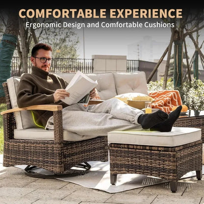 9 Pieces Outdoor Patio Furniture Sets,PE Wicker Patio Conversation Sets with 4 Wood Armrests Swivel Rocker Chairs，