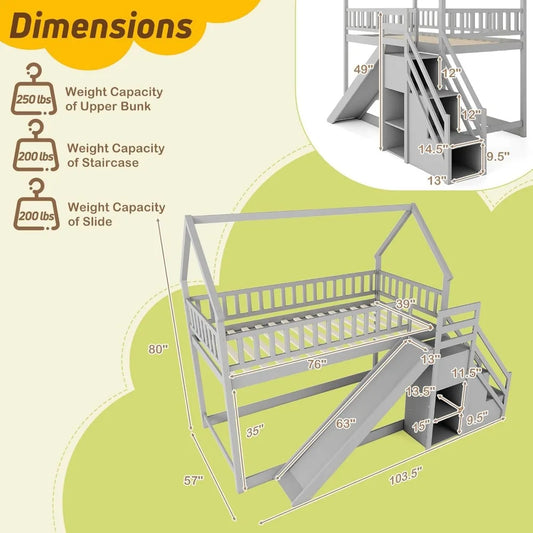 Bunk Bed Twin Over Twin with Slide & Stairs, Wood Bunk Bed with Storage Shelves, No Box Spring Needed, Twin Floor