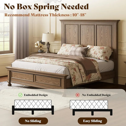 Solid Wood King Bed Frame with 65.2 High Headboard, Traditional Platform Bed with Heavy Duty Slats, No Box Spring Neede