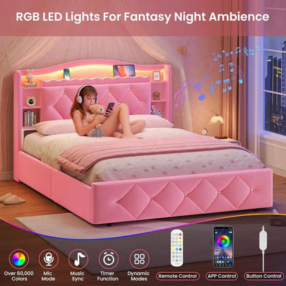 Pink Princess Bed Frame with Storage Drawers, LED Lights & USB Charging - Full Size Girls Platform Bed