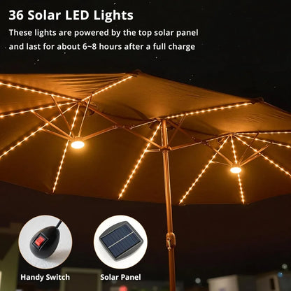 15ft Large Patio Umbrellas with Base & Solar Lights,Outdoor Rectangle Double-Sided Market Umbrella with Stand & 38 LED Lights,Ou