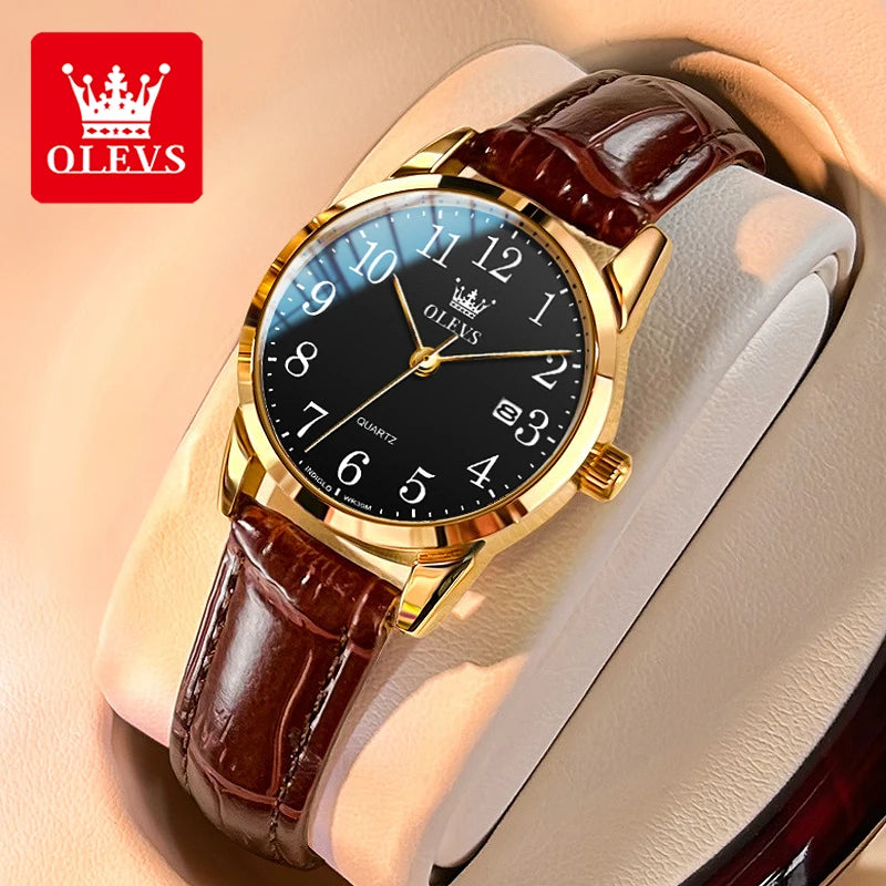 OLEVS Brand Fashion Quartz Watch for Men and Women Leather Strap Waterproof Original Watch Arabic Numeral Scale Giving to Elders