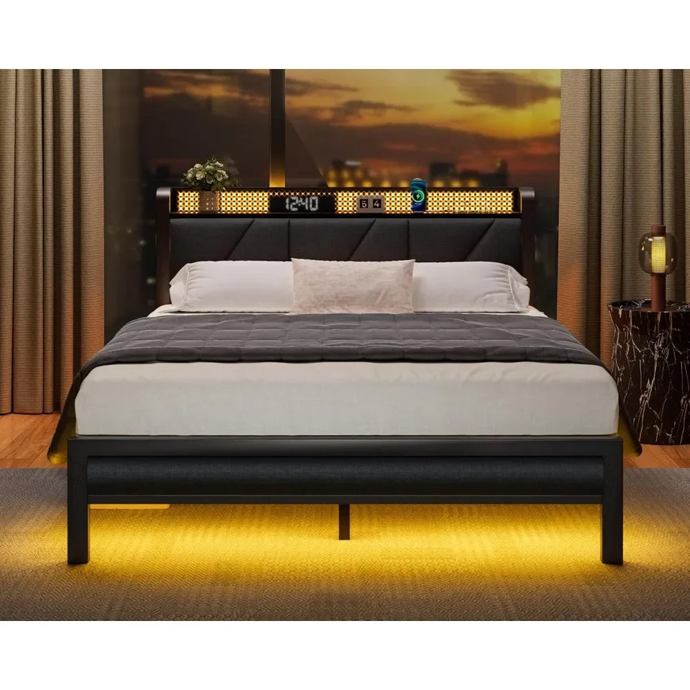 Platform Metal Bed Frame with Headboard And LED Lights Upholstered Bedframe with Charging Station And USB Port