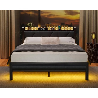 Platform Metal Bed Frame with Headboard And LED Lights Upholstered Bedframe with Charging Station And USB Port