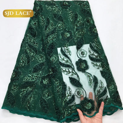SJD LACE French Mesh Lace Fabric with Beads 2025 High Quality Nigerian African Net Tulle Lace for Sewing Women Wedding Dress4319