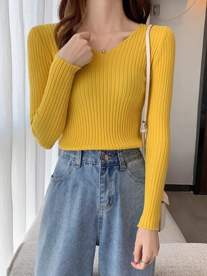 2025 Korean Autumn Winter V Neck Sweater Fashion Casual Long Sleeve Knitted Sweaters Solid Color Slim Pullovers Women Clothes
