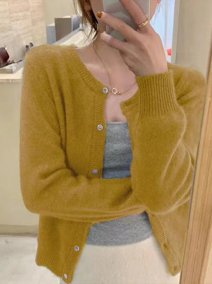 2025 Long Sleeve Vintage Y2k Tops Korean Knitted Cardigan Women's Autumn Winter Fashion O-Neck Versatile Slimming Basis Sweater