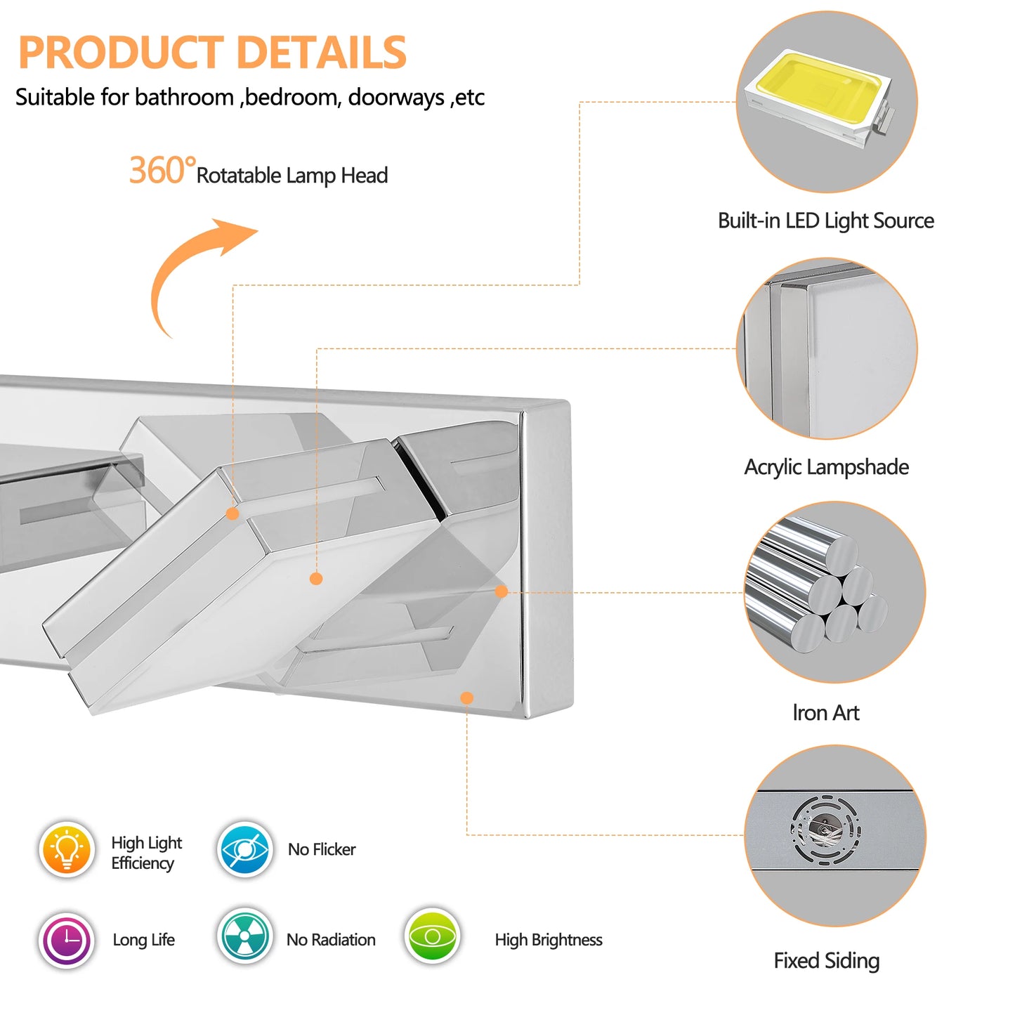 Modern Chrome Plating LED Vanity Light, 6-Lights Wall Sconce for Bathroom and Mirror, Sleek Minimalist Design, Energy-Efficient