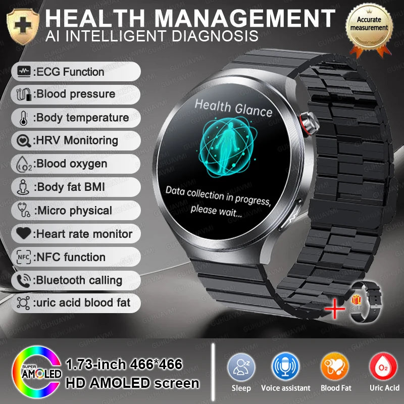 New 1.73" Sapphire Glass Uric Acid Blood Fat Health Trackr SmartWatch Blood Pressure ECG+PPG Clock Body Analysis Smartwatchs Men