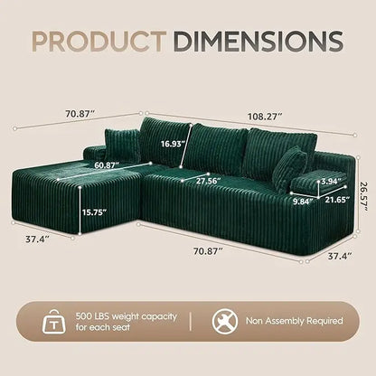 Modular Sectional Sofa Couches 108" L-Shape Couch 3 Seat Modular Sofa Memory Foam Sectional Couches for Living Room
