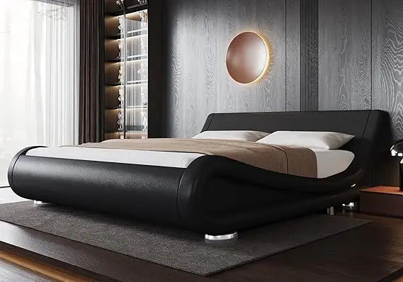 Allewie Queen Size Bed Frame with Ergonomic & Adjustable Headboard, Low Profile Modern Upholstered Platform Sleigh Design - Easy
