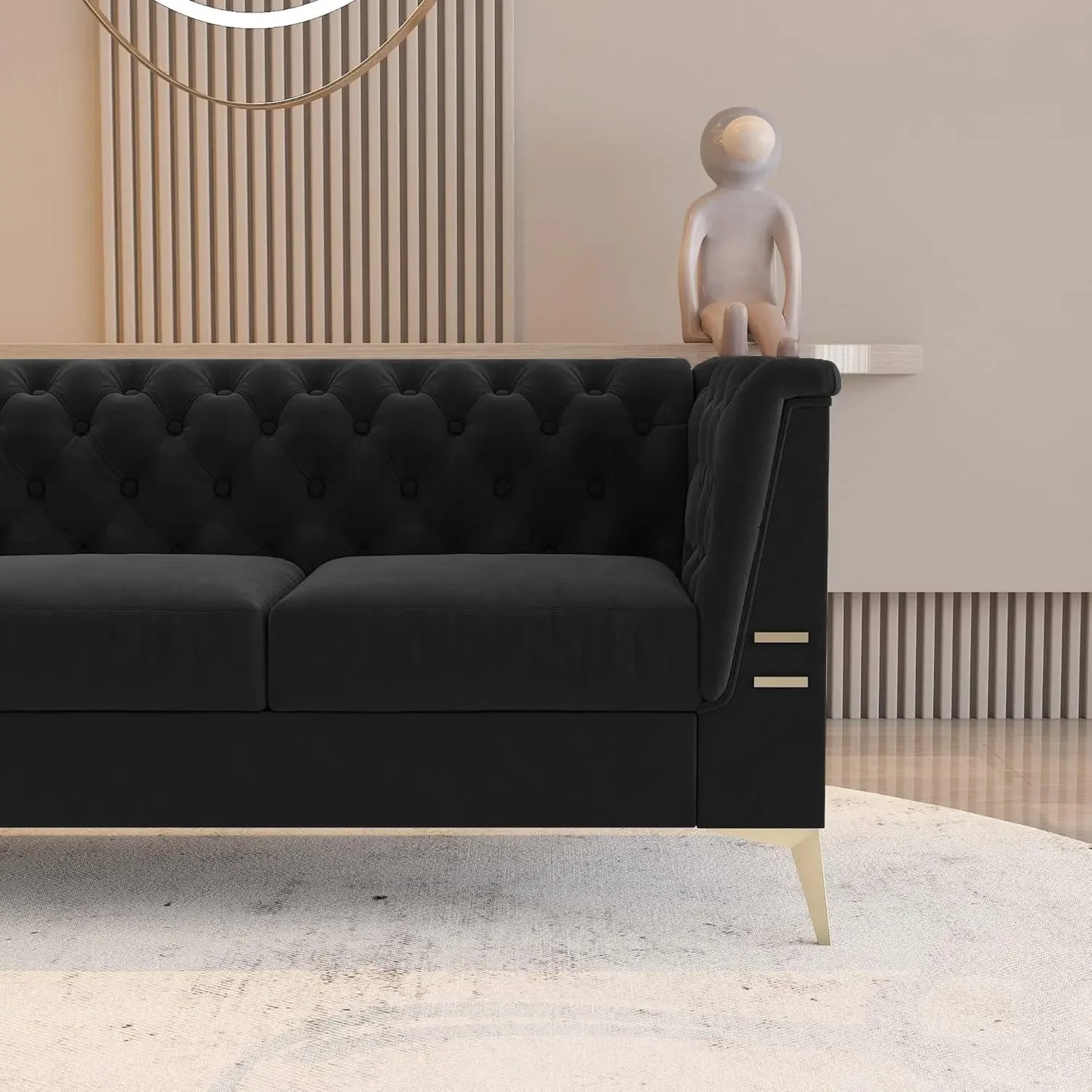 Black Chesterfield Velvet Couch for Living Room,3 Seater Tufted Sofa with Gold Metal Legs, Large Upholstered Comfy, Customized