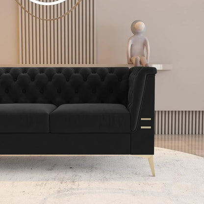 Black Chesterfield Velvet Couch for Living Room,3 Seater Tufted Sofa with Gold Metal Legs, Large Upholstered Comfy, Customized