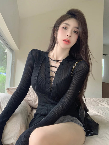 Women Lace-up Ribbed Knit Top Long Sleeve Crop Sweater Criss-cross V-Neck Fitted Pullover Teen-girl Sexy Club Fall Winter Outfit