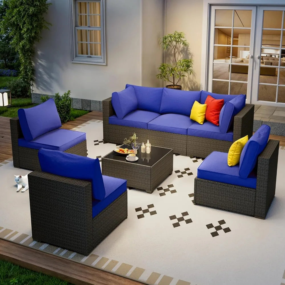 7 piece outdoor patio furniture set, outdoor sectional furniture, rattan & wicker modern modular conversation set sofa couch w/w