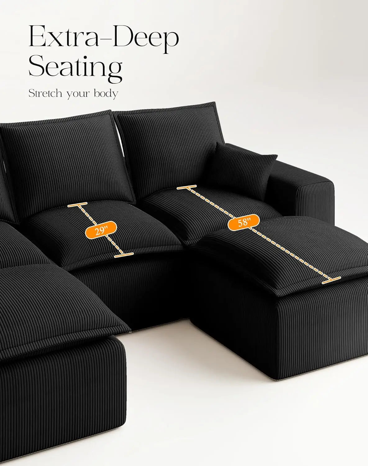 107" Boneless Comfortable Couch with Chaise, U Shaped Modular Sectional Couches for Living Room, Black Corduroy, Customized