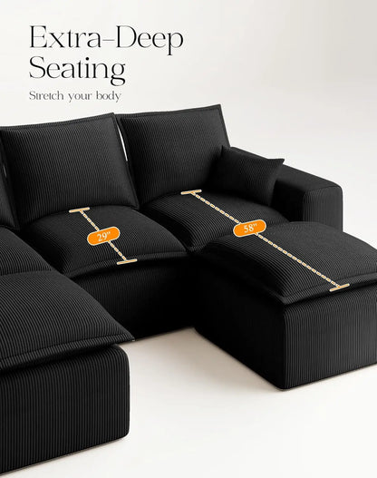 107" Boneless Comfortable Couch with Chaise, U Shaped Modular Sectional Couches for Living Room, Black Corduroy, Customized