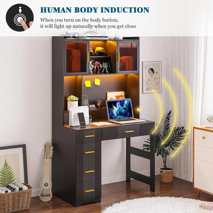 LED Study Desk with Hutch, Drawers, Outlet & Charging Station for Home Office, Bedroom or Small Space (Black)